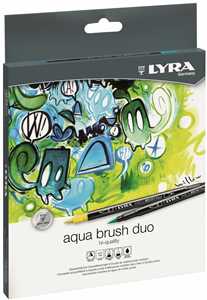Cartoleria Pennarelli doppia punta Lyra Aqua Brush Duo. Confezione in cartone 12 colori Lyra